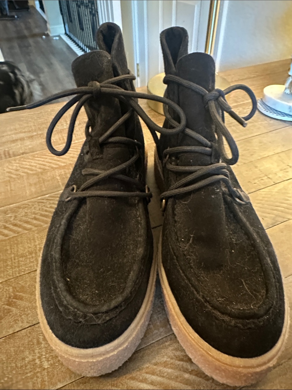 Hush Puppies Black Suede Ankle Lace-Up Boots with Tan Sole